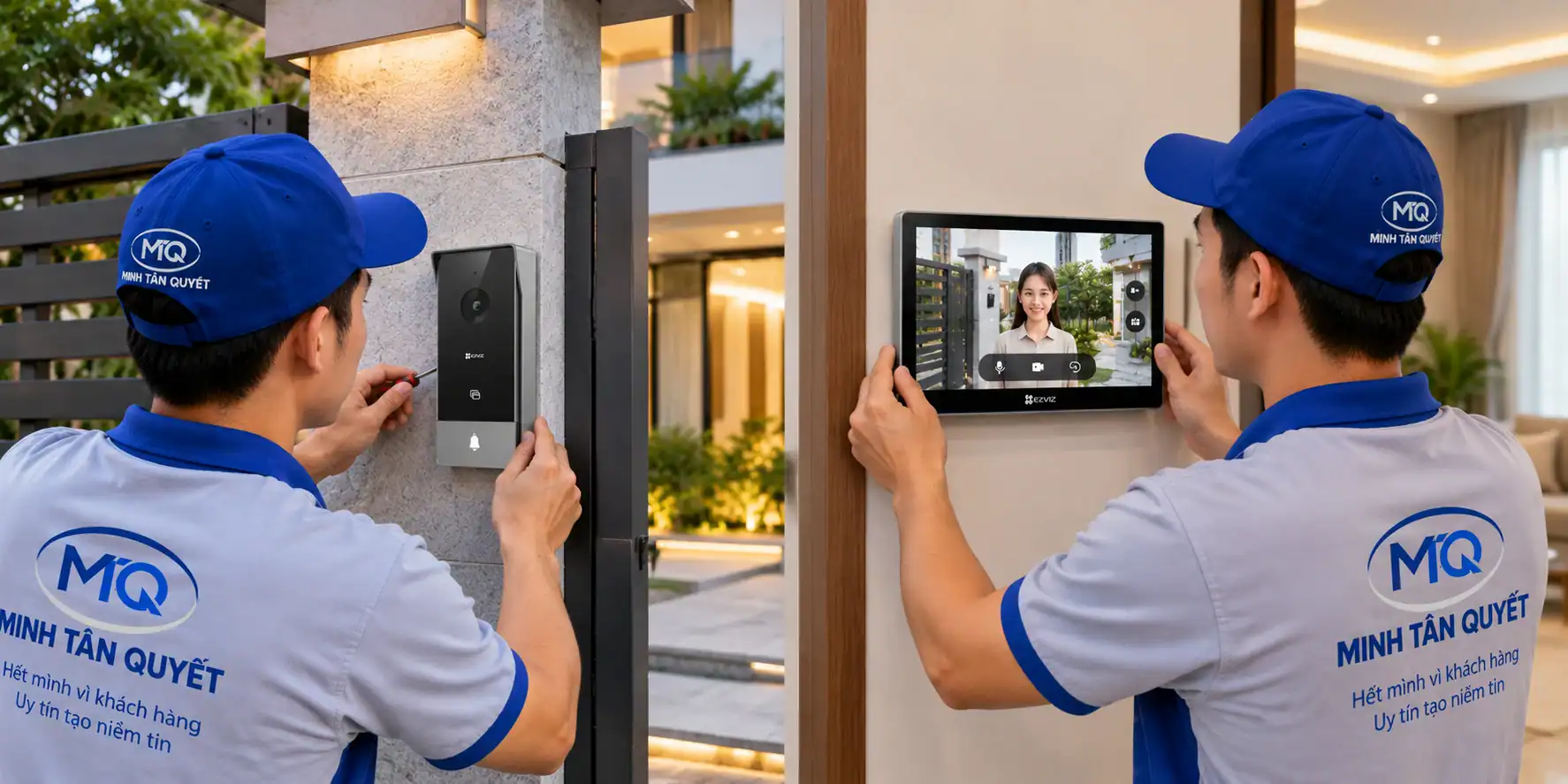 Trải nghiệm chuông cửa có hình EZVIZ HP5 tại biệt thự Cô gái nhấn chuông cửa có hình EZVIZ HP5 ngoài cổng, người chồng quan sát qua màn hình trong biệt thự