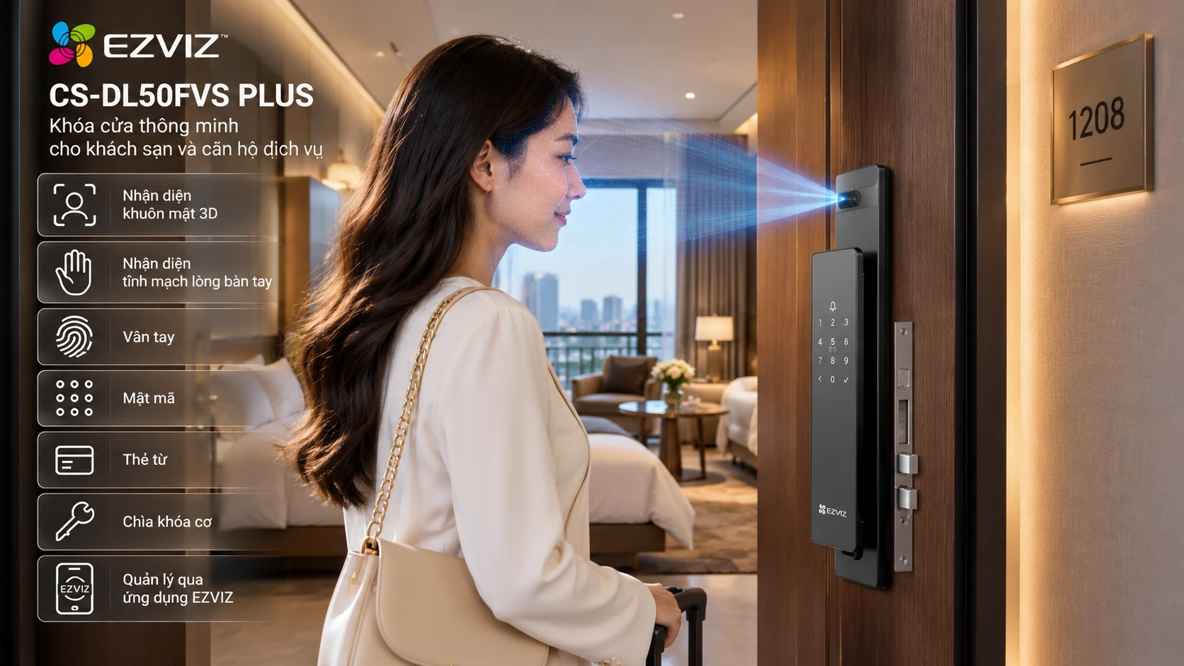 EZVIZ CS-DL50FVS Plus – Khóa nhận diện khuôn mặt cho phòng lưu trú Cô gái mở cửa phòng khách sạn bằng nhận diện khuôn mặt 3D trên khóa EZVIZ CS-DL50FVS Plus