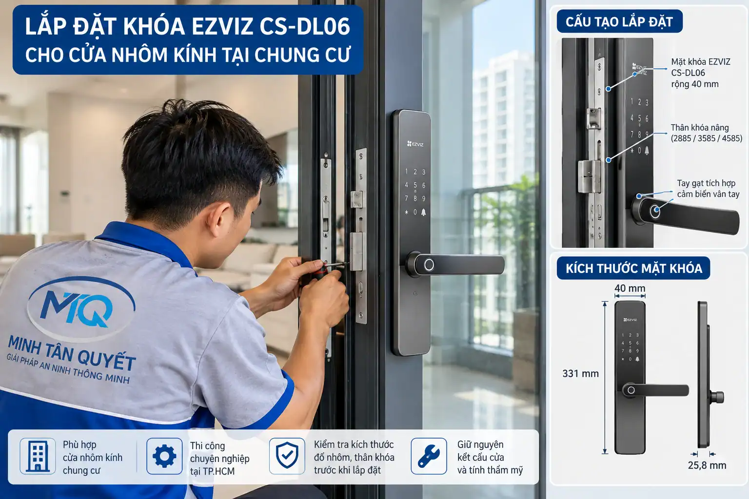 Hình minh họa kỹ thuật viên Minh Tân Quyết lắp khóa thông minh EZVIZ CS-DL06 trên cửa nhôm kính tại chung cư