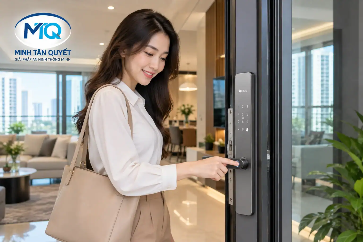Cô gái mở khóa thông minh EZVIZ CS-DL06 bằng vân tay trên cửa nhôm kính căn hộ chung cư
